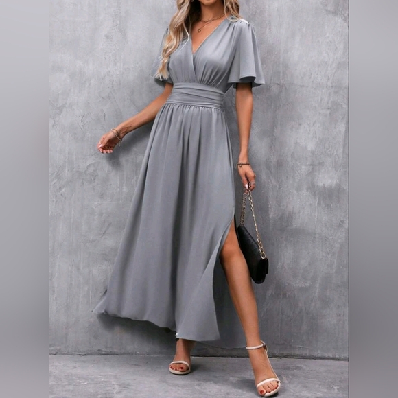 NEW Chic Ruched Waist Flutter Sleeve Maxi Dress Gray - Picture 7 of 9